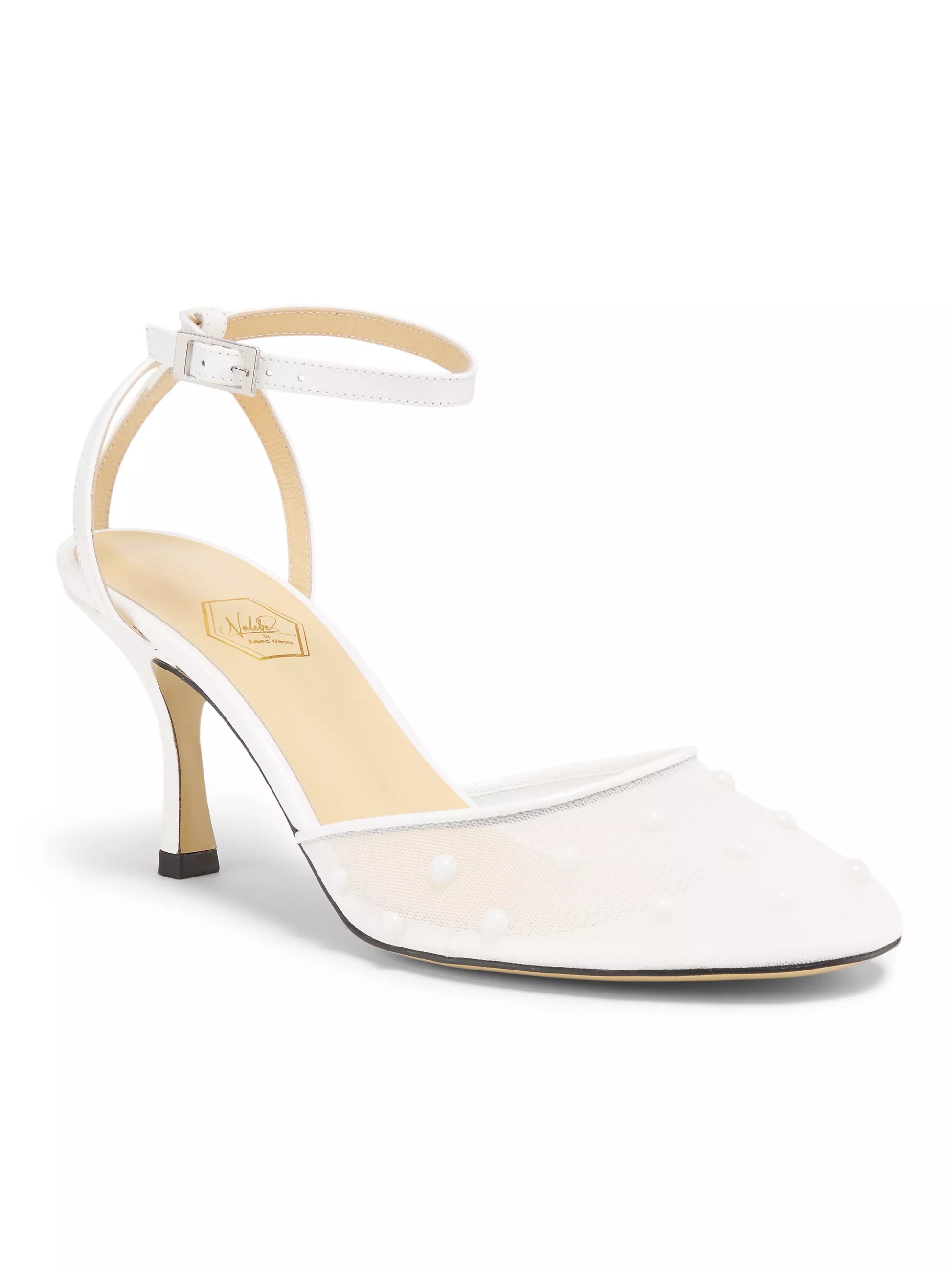 Luxury Italian heel with pearl embellishments and mesh upper
