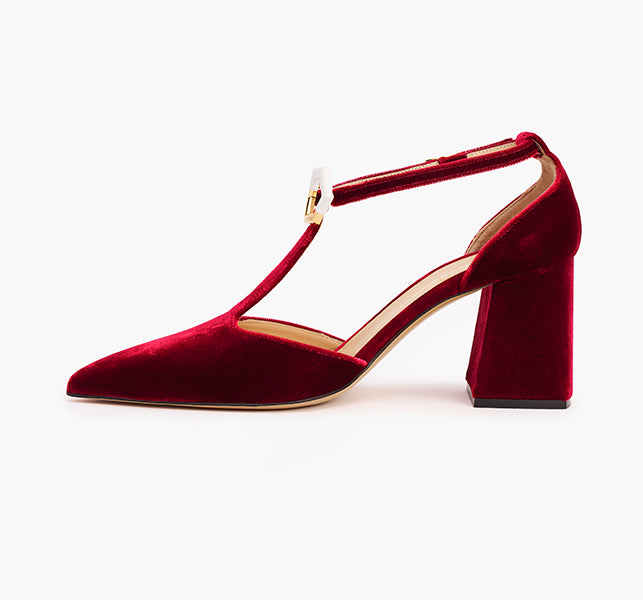 High-end T-strap heels with metallic hexagon accent
