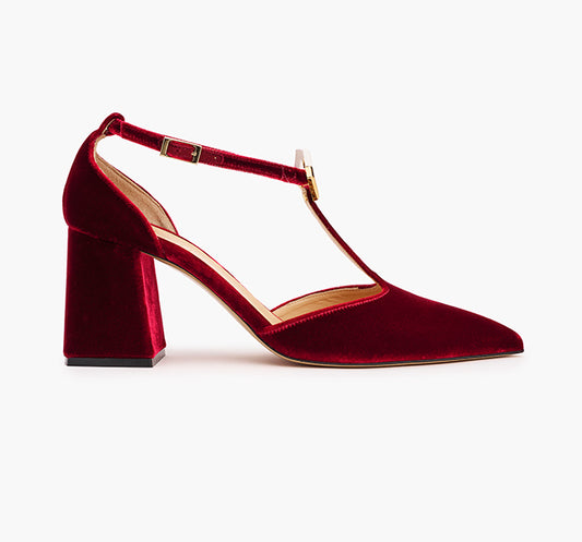 Red Mary Jane pumps with hexagon buckle handmade in Milan
