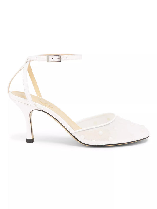 A white mesh slingback heel with crystal details and a buckled ankle strap.